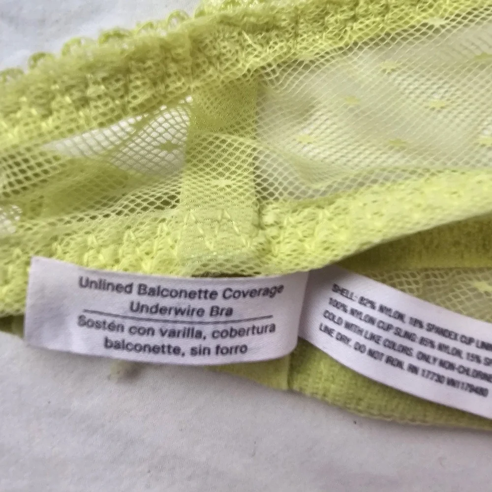Auden Balconette Coverage Unlined Underwire Bra Lace Women's Size 38C Lime Green